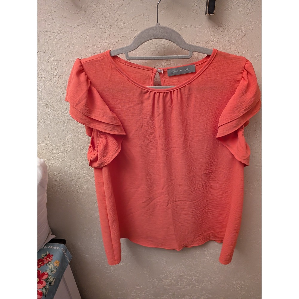 Pixi + Ivy Coral Orange Flutter Sleeve Keyhole Back Blouse Ruffle Top